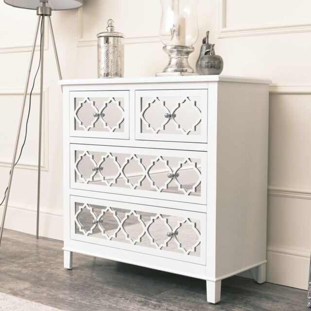 Large White Mirrored Lattice Chest Of Drawers Sabrina White