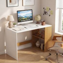 Gymax Wooden Office Desk Writing Desk with Storage 2 Open Shelves Legroom in White - thumbnail 1