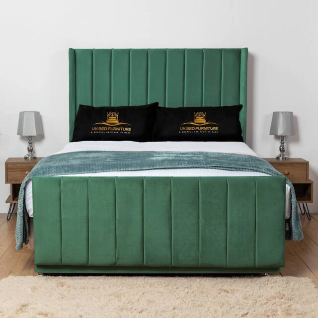 UK Bed Furniture Seoul Wingback Divan Bed Base with 54 Inch Headboard - No Storage in Green - Size: Single - image 1