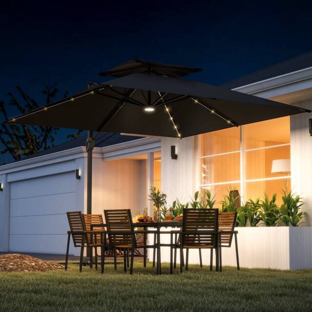 OUTSUNNY Garden Cantilever Parasol with LED Lights Crank Tilt Aluminium Pole UV50+ in Black - image 1