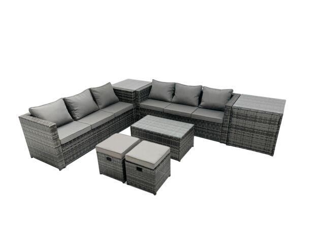 Fimous 8-seater Patio Coffee Table Sofa Set with Side Table 2 Small Footstool in Dark Grey - image 1