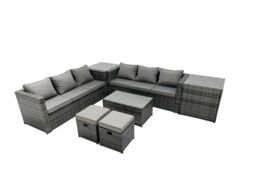Fimous 8-seater Patio Coffee Table Sofa Set with Side Table 2 Small Footstool in Dark Grey - thumbnail 1