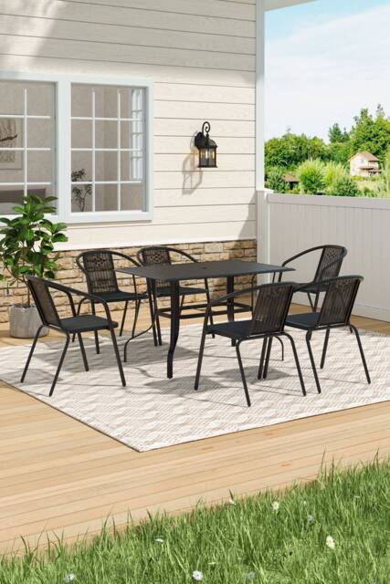 Living and Home Rectangle Garden Metal Slatted Coffee Table with 6 Rattan Chairs in Black