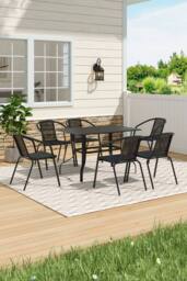 Living and Home Rectangle Garden Metal Slatted Coffee Table with 6 Rattan Chairs in Black - thumbnail 1