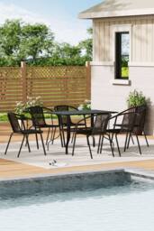 Living and Home Rectangle Garden Metal Slatted Coffee Table with 6 Rattan Chairs in Black - thumbnail 2