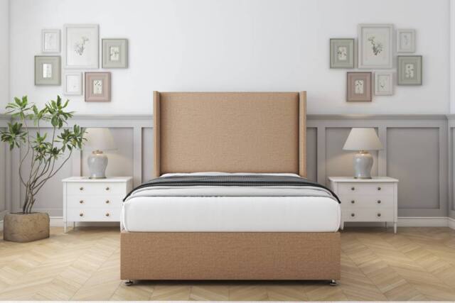 "Sloomy Devonshire Dumfries Divan Base No Drawers - 54"" Wingback Headboard in Light Brown - Size: Small Double" - image 1