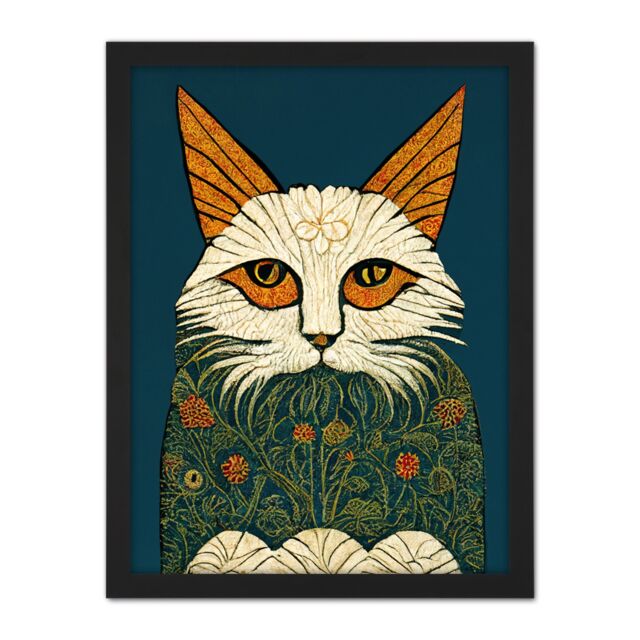 "Artery8 Wall Art Print Melancholy Moggie Cat William Morris Style Teal Gold Large Framed Wall Décor Art in White - Size: W18"" x H24""" - image 1