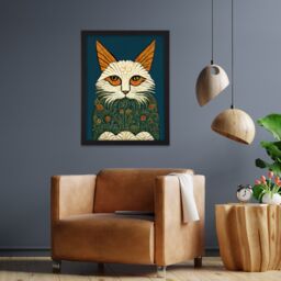 "Artery8 Wall Art Print Melancholy Moggie Cat William Morris Style Teal Gold Large Framed Wall Décor Art in White - Size: W18"" x H24""" - thumbnail 2