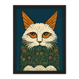"Artery8 Wall Art Print Melancholy Moggie Cat William Morris Style Teal Gold Large Framed Wall Décor Art in White - Size: W18"" x H24""" - thumbnail 1