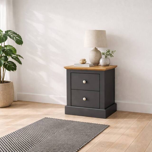 Wyld Haus Ardee 2 Drawer Bedside Cabinet Dark Grey with Natural Oak Top - image 1