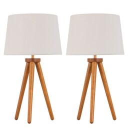 First Choice Lighting Set of 2 Dark Oak Table Lamp or Bedside Lights with Linen Shades in Brown