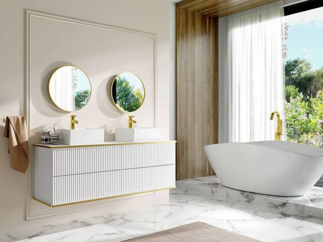 Vente-unique Fluted Wall-Hung Bathroom Unit With Gold Trim, Square Double in White - image 1