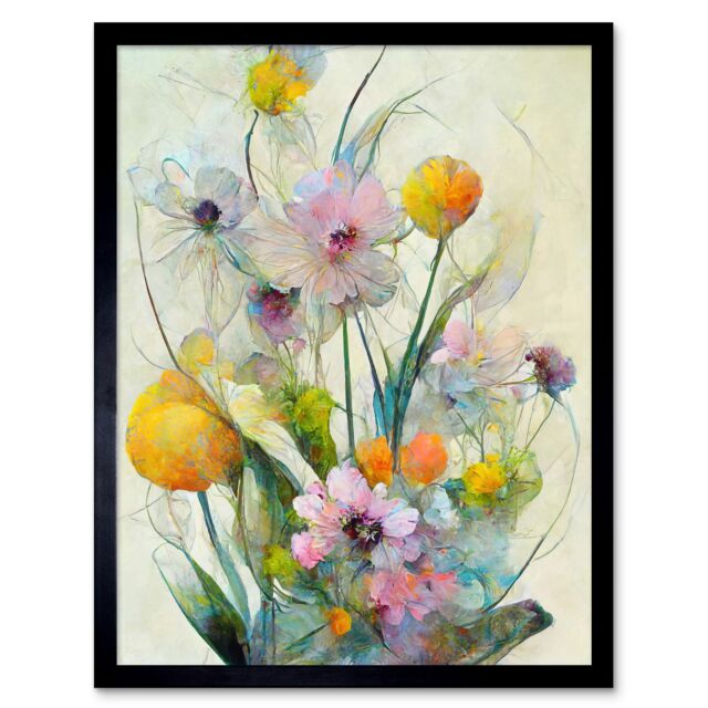 "Artery8 Wall Art Print Elegant Watercolour Pink & Yellow Spring Flower Bouquet Art Framed in Black - Size: W12"" x H16""" - image 1