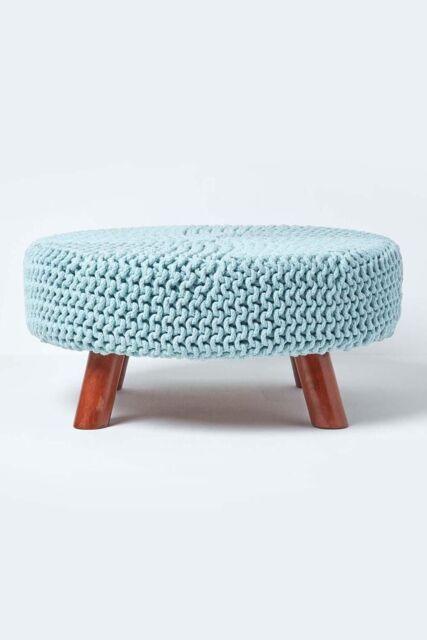 Homescapes Large Round Cotton Knitted Footstool on Legs in Bright Blue - image 1
