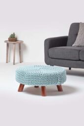 Homescapes Large Round Cotton Knitted Footstool on Legs in Bright Blue - thumbnail 2