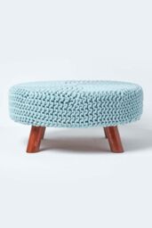 Homescapes Large Round Cotton Knitted Footstool on Legs in Bright Blue - thumbnail 1