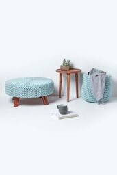 Homescapes Large Round Cotton Knitted Footstool on Legs in Bright Blue - thumbnail 6