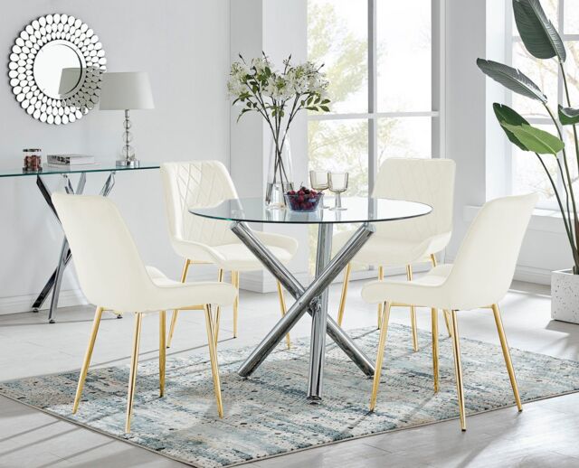 FurnitureboxUK Selina Round Glass Chrome Leg Dining Table & Pesaro Gold Leg Chairs in Cream - Size: 2 Person - image 1