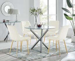 FurnitureboxUK Selina Round Glass Chrome Leg Dining Table & Pesaro Gold Leg Chairs in Cream - Size: 2 Person