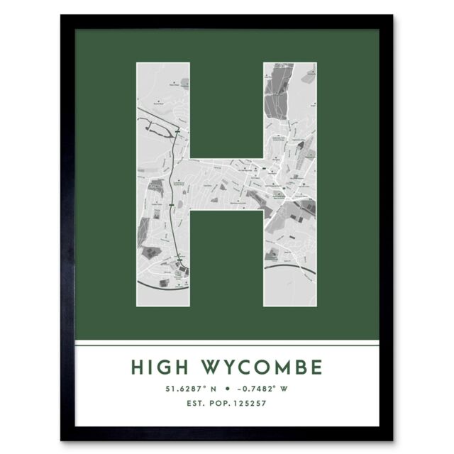"Wee Blue Coo Wall Art Print High Wycombe England United Kingdom City Map Modern Typography Stylish Letter Framed Word in Green - Size: W12"" x H16""" - image 1