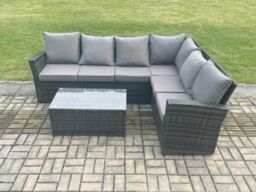 Fimous Wicker PE Outdoor Garden Furniture Set High Back Rattan Corner Sofa Set with Rectangular Coffee Table in Dark Grey - thumbnail 2