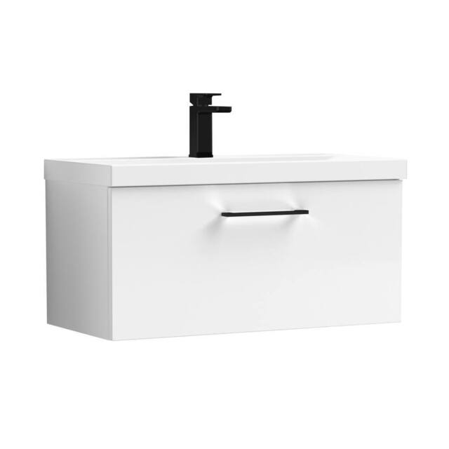 Balterley 800mm Wall Hung 1 Drawer Vanity Basin Unit, Gloss White, Black Handle in White - image 1