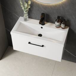 Balterley 800mm Wall Hung 1 Drawer Vanity Basin Unit, Gloss White, Black Handle in White - thumbnail 3