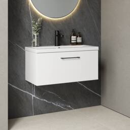 Balterley 800mm Wall Hung 1 Drawer Vanity Basin Unit, Gloss White, Black Handle in White - thumbnail 4
