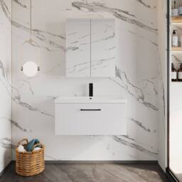 Balterley 800mm Wall Hung 1 Drawer Vanity Basin Unit, Gloss White, Black Handle in White - thumbnail 2