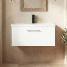 Balterley 800mm Wall Hung 1 Drawer Vanity Basin Unit, Gloss White, Black Handle in White - thumbnail 9