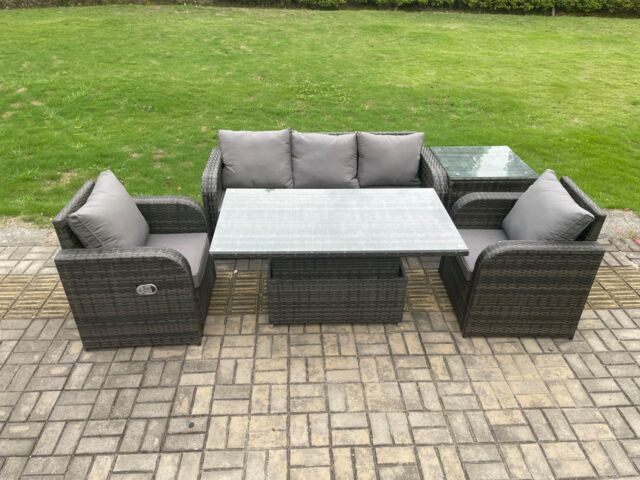 Fimous Wicker PE Rattan Outdoor Garden Furniture Set Adjustable Rising lifting Dining Table With Armchair Side Table in Dark Grey - image 1