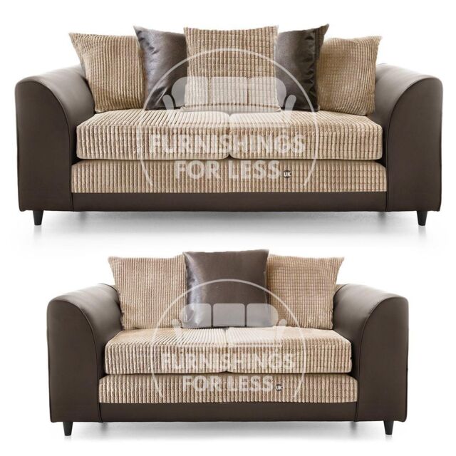 Furnishings For Less UK Luca Brown & Beige 3 + 2 Fabric & Leather Trim Sofa Suite - image 1