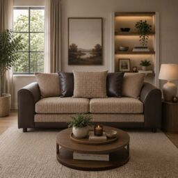 Furnishings For Less UK Luca Brown & Beige 3 + 2 Fabric & Leather Trim Sofa Suite - thumbnail 4
