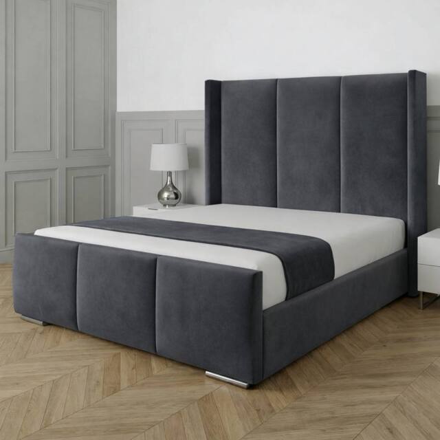 UK Bed Furniture Miami Wingback Upholstered Bed with 48 Inch Headboard Slatted Base in Charcoal - Size: Double - image 1