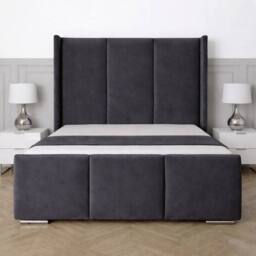 UK Bed Furniture Miami Wingback Upholstered Bed with 48 Inch Headboard Slatted Base in Charcoal - Size: Double - thumbnail 2