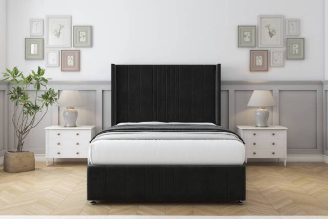 "Comfort Beds Grace Plush Divan Base No Drawers - 54"" Wingback-Footboard in Black - Size: Super King" - image 1
