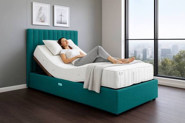 PARADISE BEDS LTD Relief Rise Electric Adjustable Bed Set With Mattress & Headboard in Teal - Size: King - image 1