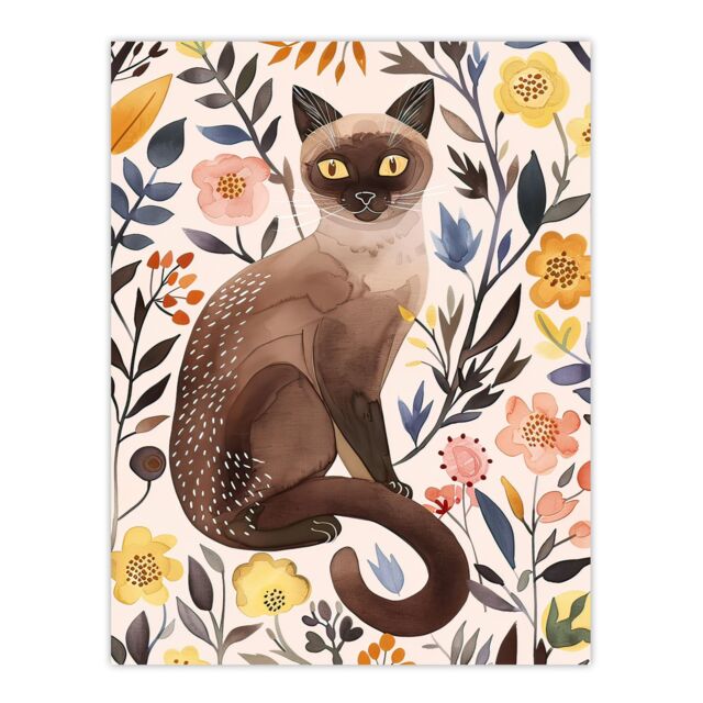 "Artery8 Burmese Cat Lover Watercolour Wildflower Portrait Wall Art Print - Size: W24"" x H32""" - image 1