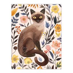 "Artery8 Burmese Cat Lover Watercolour Wildflower Portrait Wall Art Print - Size: W24"" x H32""" - thumbnail 1