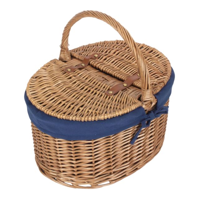 Red Hamper Wicker Light Steamed Oval Cotton Lined Lidded Picnic Basket in Navy - image 1