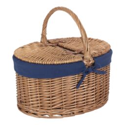 Red Hamper Wicker Light Steamed Oval Cotton Lined Lidded Picnic Basket in Navy - thumbnail 2