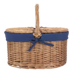 Red Hamper Wicker Light Steamed Oval Cotton Lined Lidded Picnic Basket in Navy - thumbnail 3
