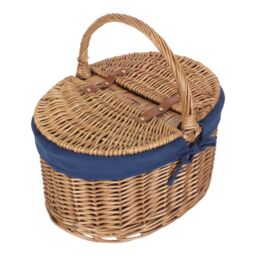 Red Hamper Wicker Light Steamed Oval Cotton Lined Lidded Picnic Basket in Navy - thumbnail 1