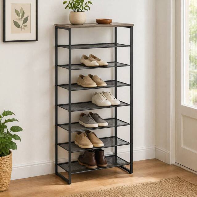 STILVORA 7 Shelf Shoe Rack with Mesh Shelves Black - image 1