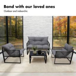 Alivio 4Pc Outdoor Iron Conversation Set - Cushioned Loveseat, Table & Chair in Grey - Size: 110 cm x 35 cm - thumbnail 2