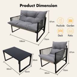 Alivio 4Pc Outdoor Iron Conversation Set - Cushioned Loveseat, Table & Chair in Grey - Size: 110 cm x 35 cm - thumbnail 3