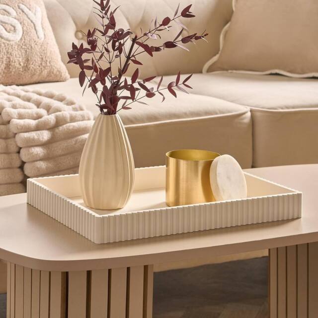 OHS Ribbed Rectangle Decorative Tray Table Organiser Countertop Storage in Cream - image 1