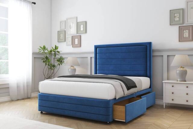 "Comfort Beds Anna Plush Divan Base 2 Drawers - 54"" Headboard-Footboard in Navy - Size: King" - image 1