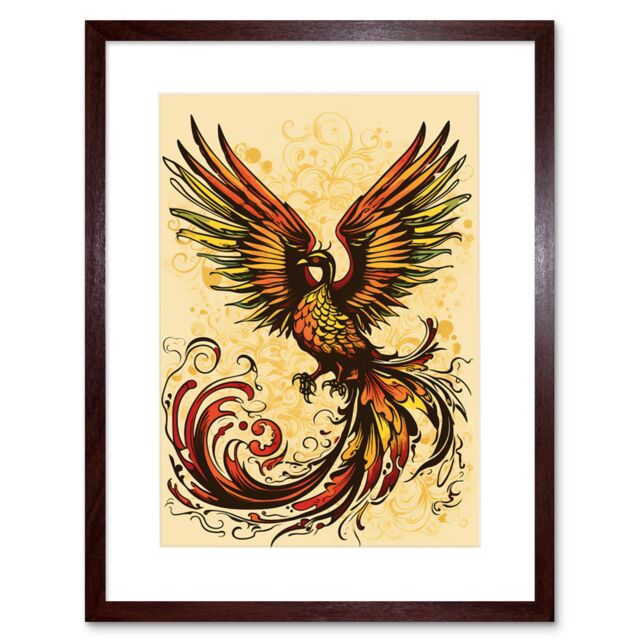 "Artery8 Wall Art Print Phoenix Emerging from Flames Tattoo Ink Body Art Rockabilly Americana 50s Artwork Framed 9X7 Inch in Brown - Size: W7"" x H9""" - image 1