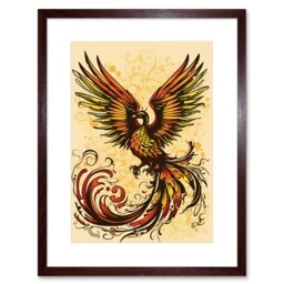 "Artery8 Wall Art Print Phoenix Emerging from Flames Tattoo Ink Body Art Rockabilly Americana 50s Artwork Framed 9X7 Inch in Brown - Size: W7"" x H9""" - thumbnail 1